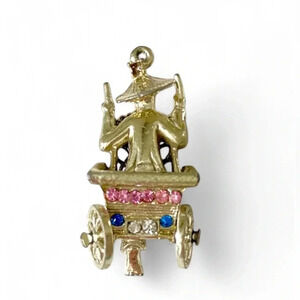 Vintage Asian Rickshaw Wheel Cart Man Gold Tone Rhinestone Pendant for Necklace